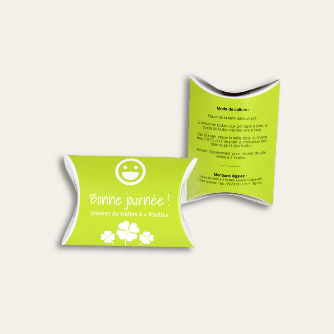 Berlingot trèfles personnalisé à l'image d'une entreprise Deux boîtes berlingot trèfles personnalisé et un mode d'emploi sur le verso.