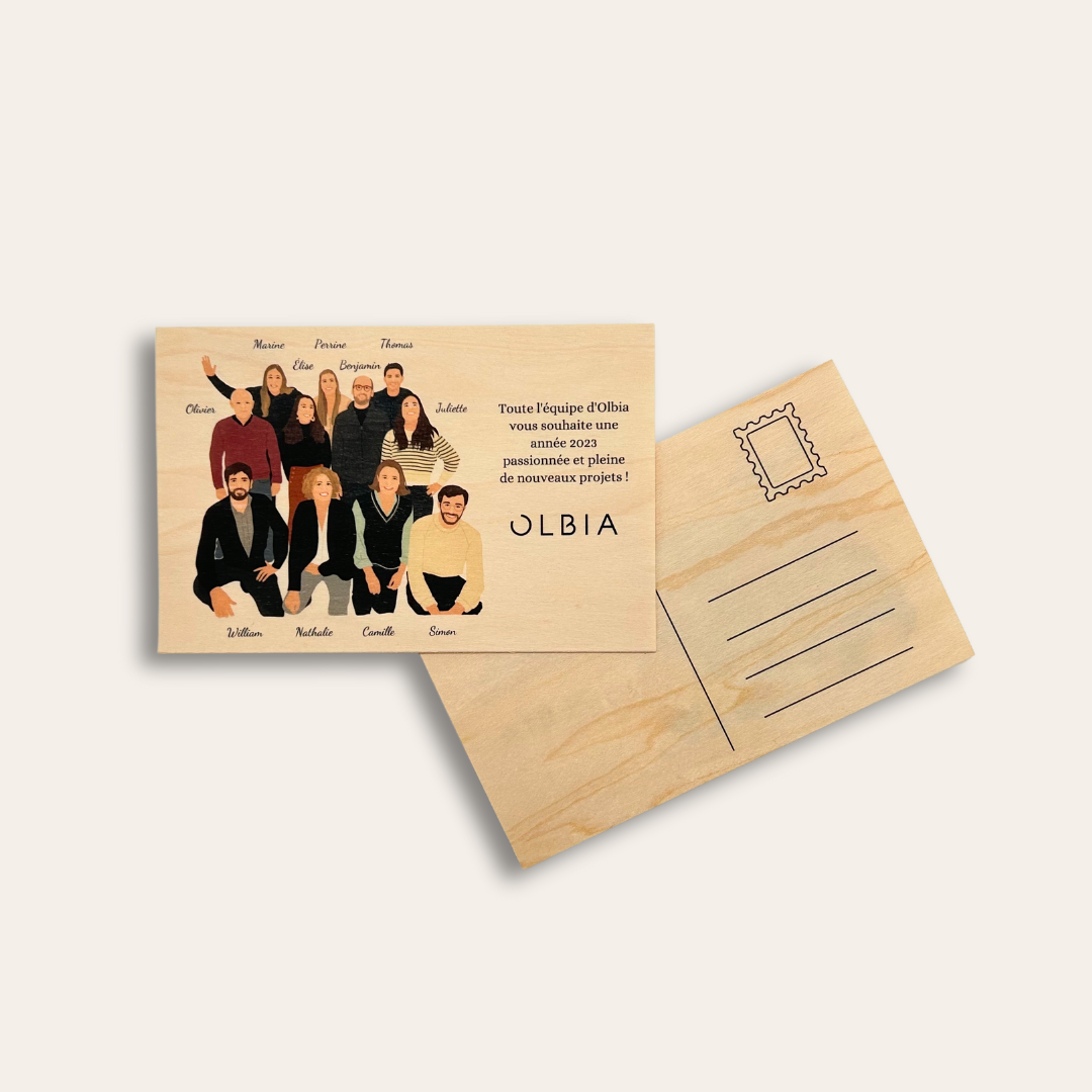 Recto-verso de la carte en bois personnalisée Recto-verso d'une carte en bois de meilleurs voeux.