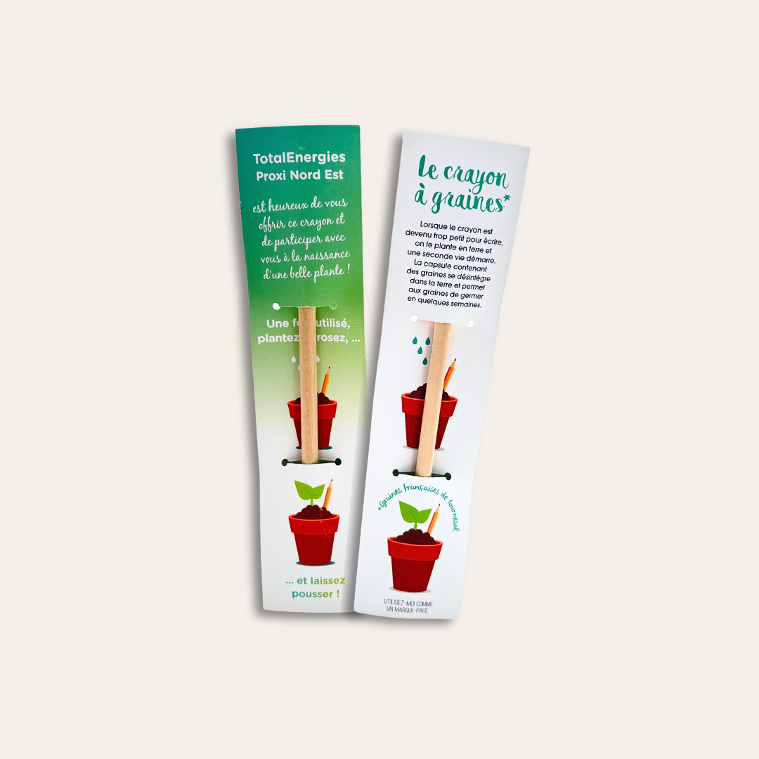 Crayons à planter + étui façon marque page publicitaire Cayons de bois à planter avec étui personnalisé pour TotalEnergies et Anefa.