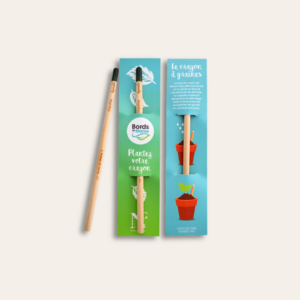 Deux crayons de bois à planter avec étui en recto-verso et crayon sur le côté, non taillés.