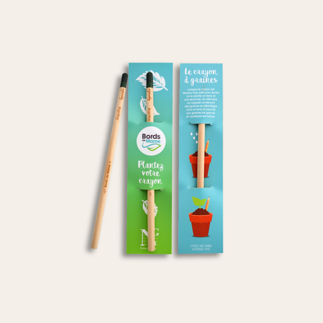 Crayon à planter publicitaire avec étui en recto-verso. Deux crayons de bois à planter avec étui en recto-verso et crayon sur le côté, non taillés.