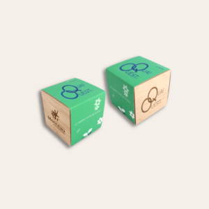 Deux cubes en bois gravé au logo Quai Quest.