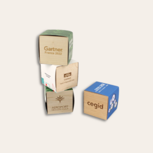 Différents cubes en bois personnalisés d'un logo.