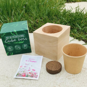 Kit d'un cube en bois dans un environnement extérieur : cube, tourbe, sachet graine et fourreau.