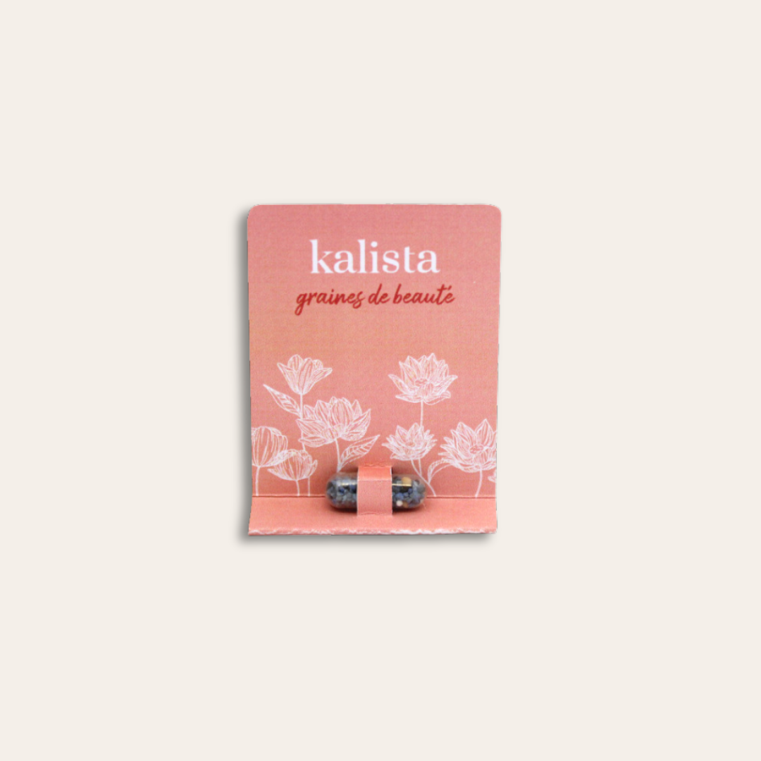 Gélule de graine de beauté Gélule graines de beauté rangé dans un support illustré Kalista et rose
