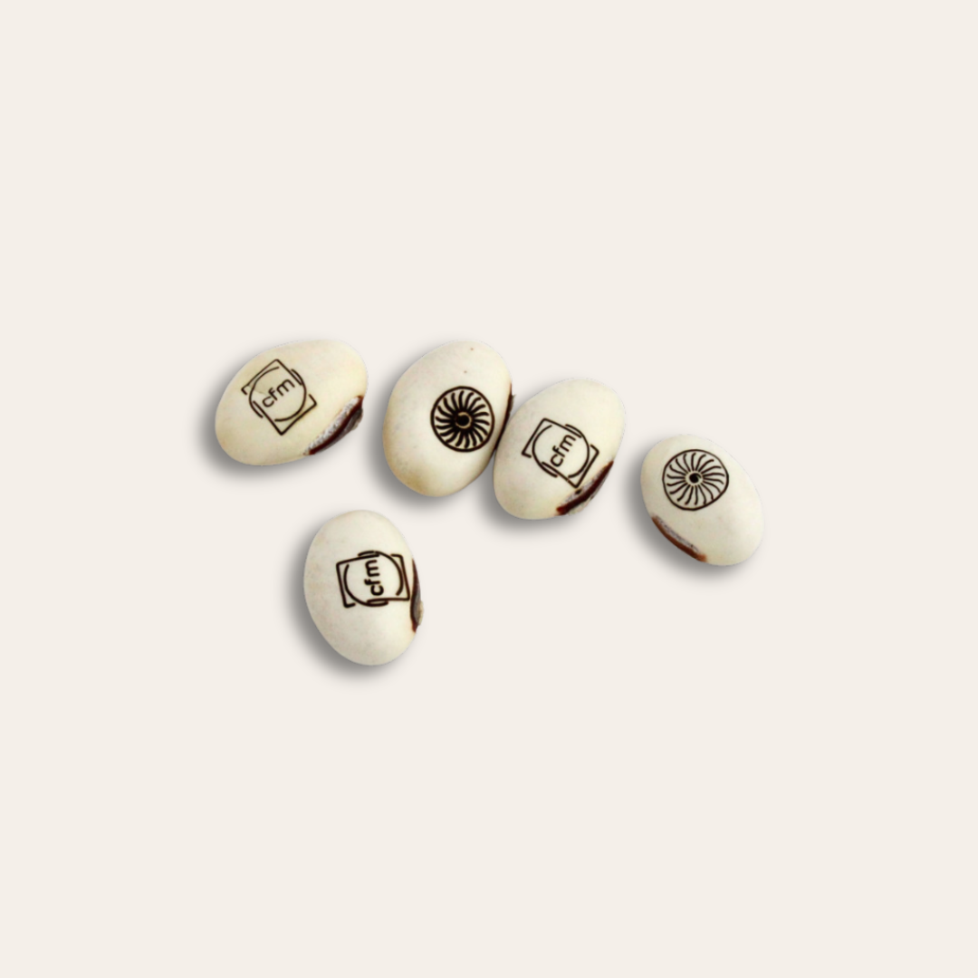 Graines de haricots personnalisées par différents logos Cinq graines gravées de plusieurs logos.