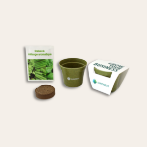 Kit pot de plante, coloris vert avec sachet de graine et tourbe.