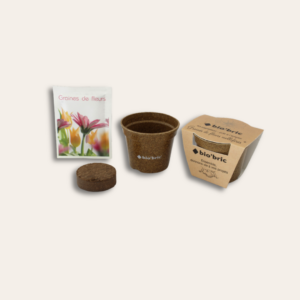 Kit pot de plante, coloris marron avec sachet de graine et tourbe.