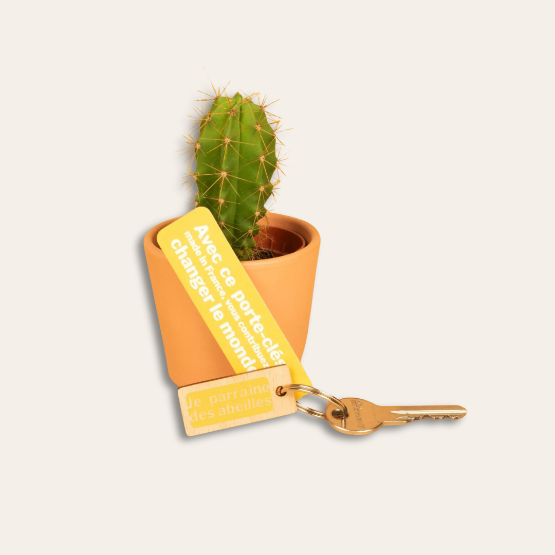 Porte-clé en bois rectangle et une cartonnette en papier recyclé Trousseau de clé avec le porte-clé en bois rectangle, personnalisé avec une cartonnette et une plante en arrière-plan.