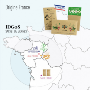 Illustration de la carte de France, avec la provenance de sachets de graines.