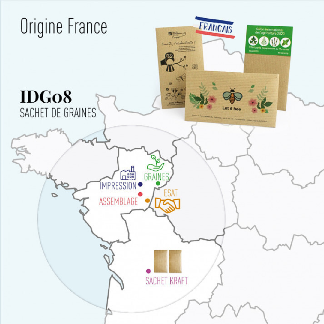 Provenance du sachet kraft et graines Illustration de la carte de France, avec la provenance de sachets de graines.
