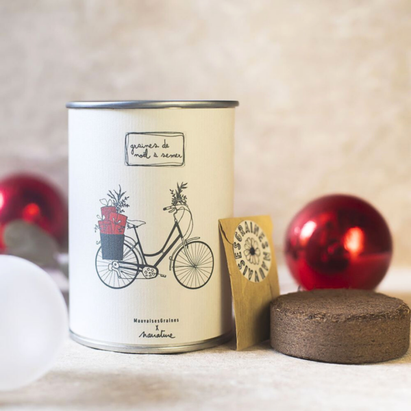 Boîte à graines de Noël avec un vélo illustré et de la tourbe sur le côté.