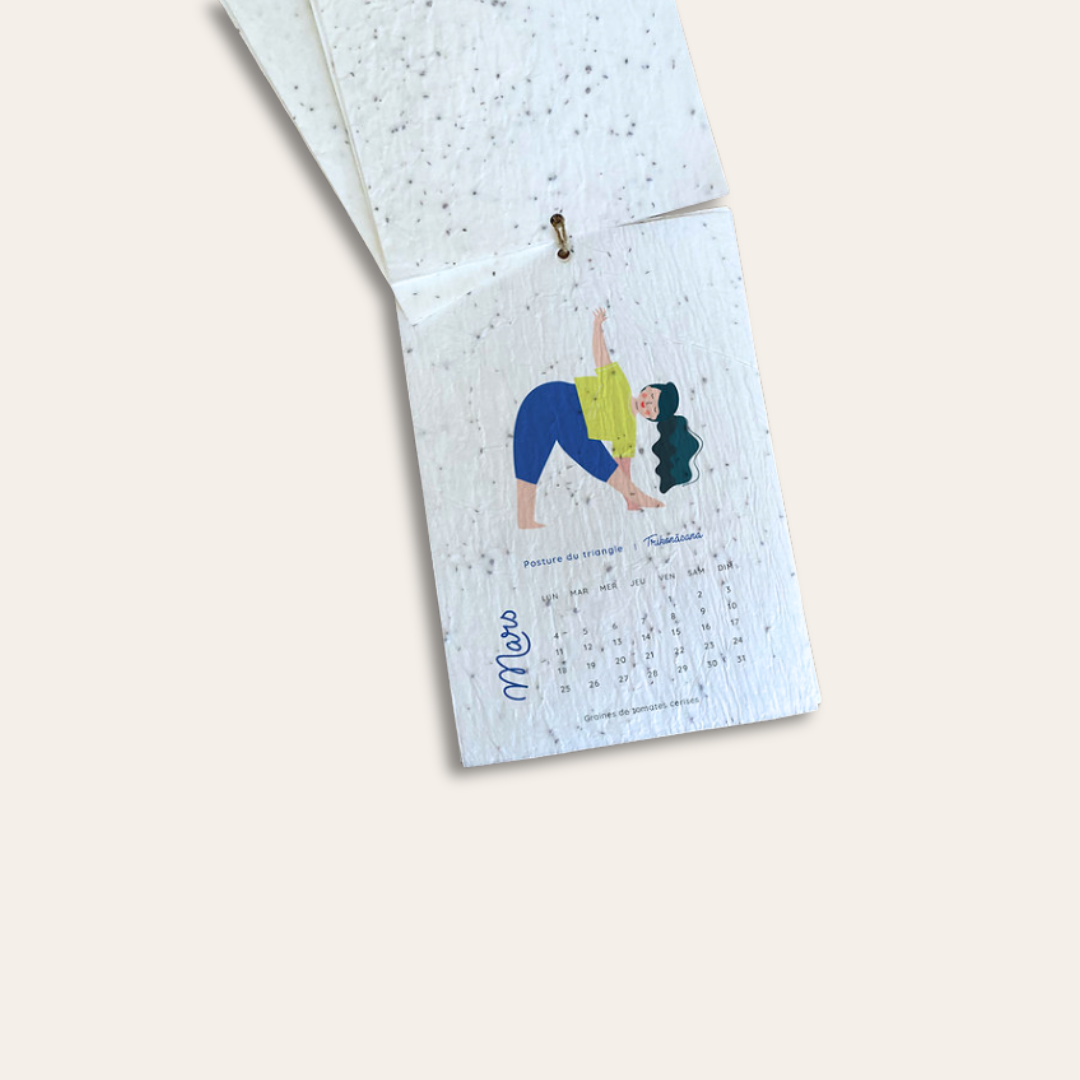 Calendrier à planter mois de mars Calendrier mois de septembre et dessus, un dessin de fille qui fait du yoga.