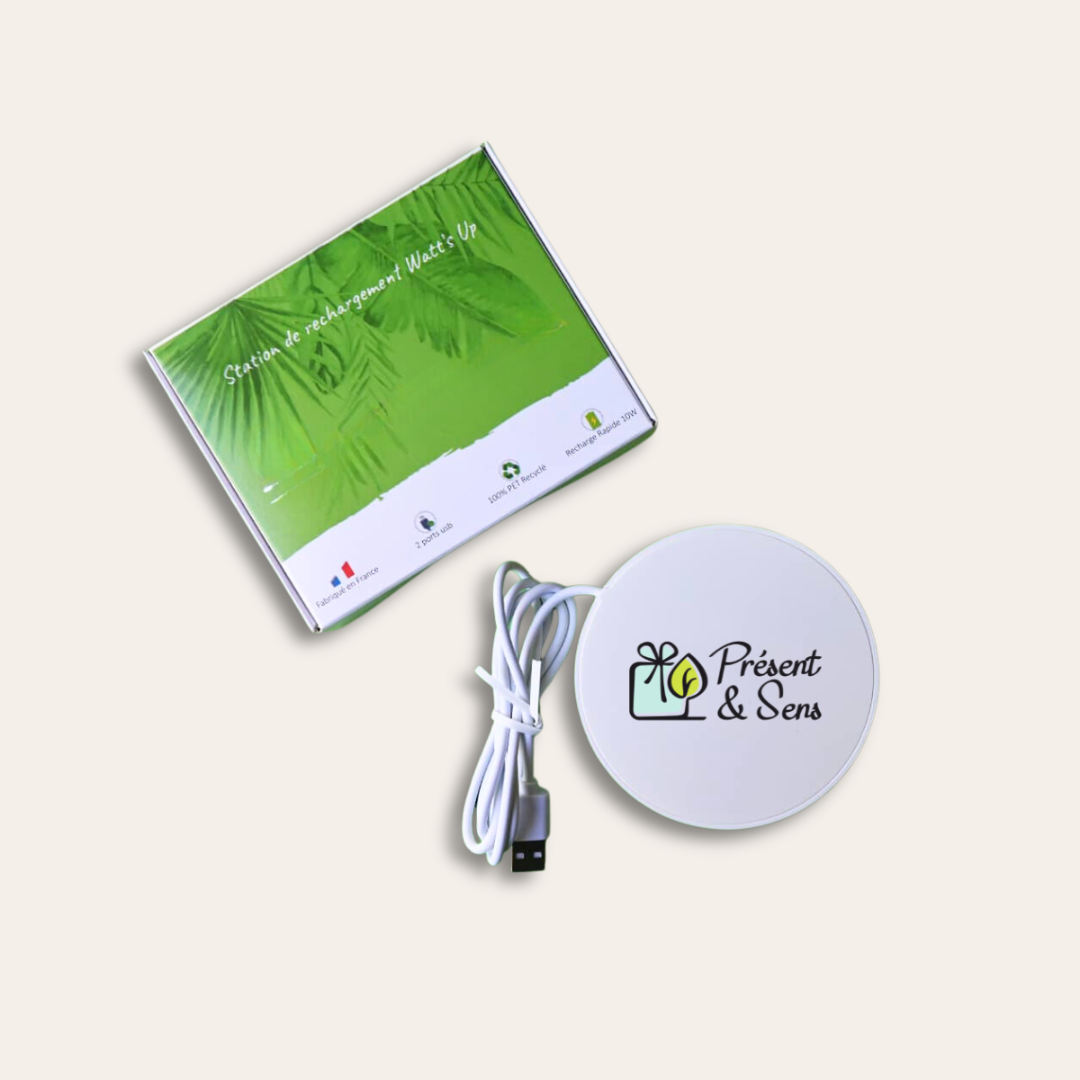 Chargeur induction plastique recyclé et boite personnalisable Chargeur à induction en plastique recyclé et boite coffret personnalisable.