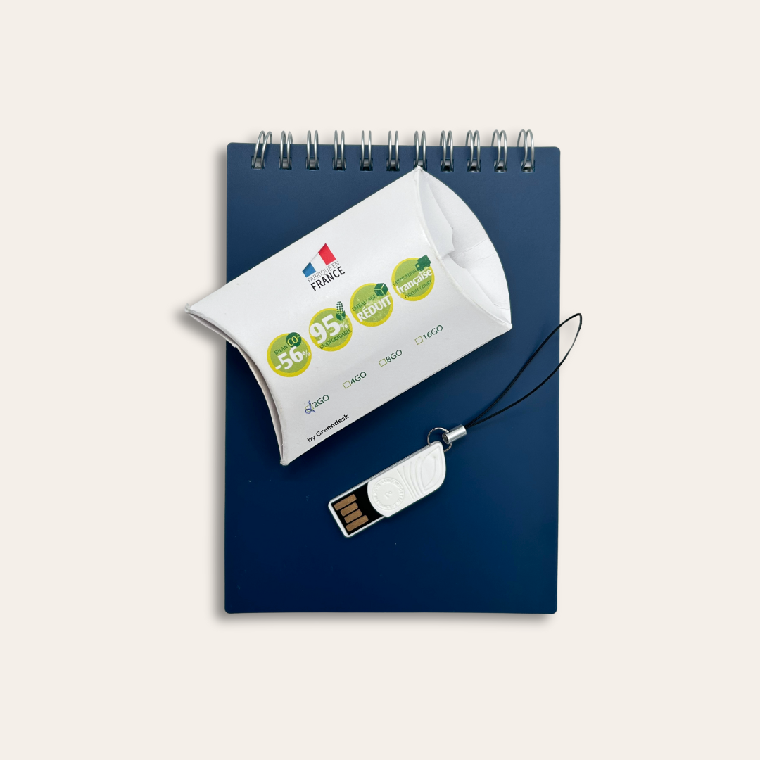 Clé USB amidon de maïs et berlingot d'emballage à personnalisé Clé USB amidon de maïs, berlingot d'emballage et carnet.