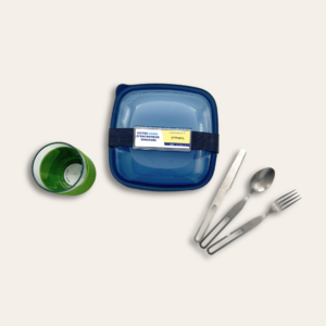 Lunchbox en verre personnalisable, couverts inox et gobelet silicone.