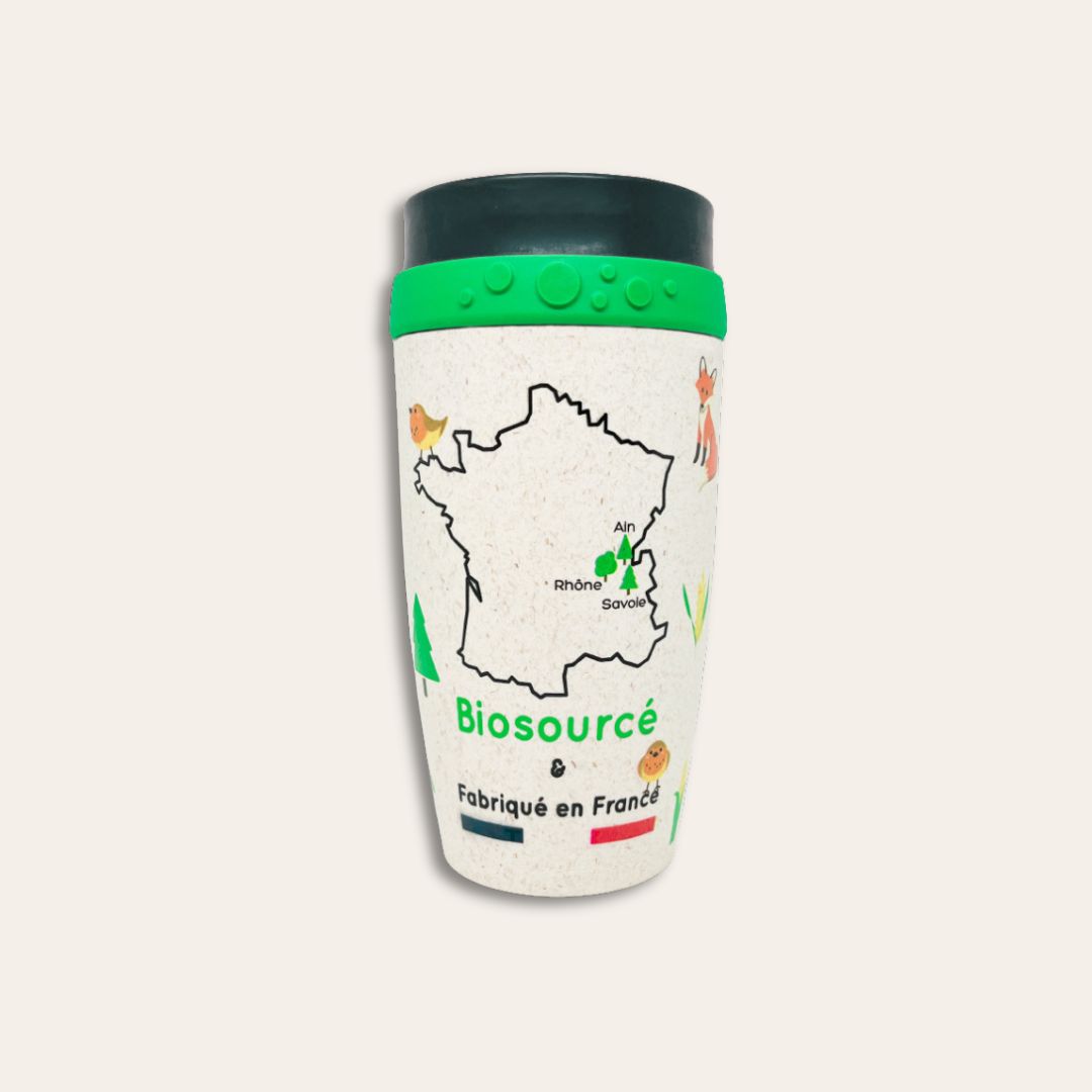 Mug biosourcé 350ml refermable fabrication Mug biosourcé fabrication Française et carte de France illustrée.