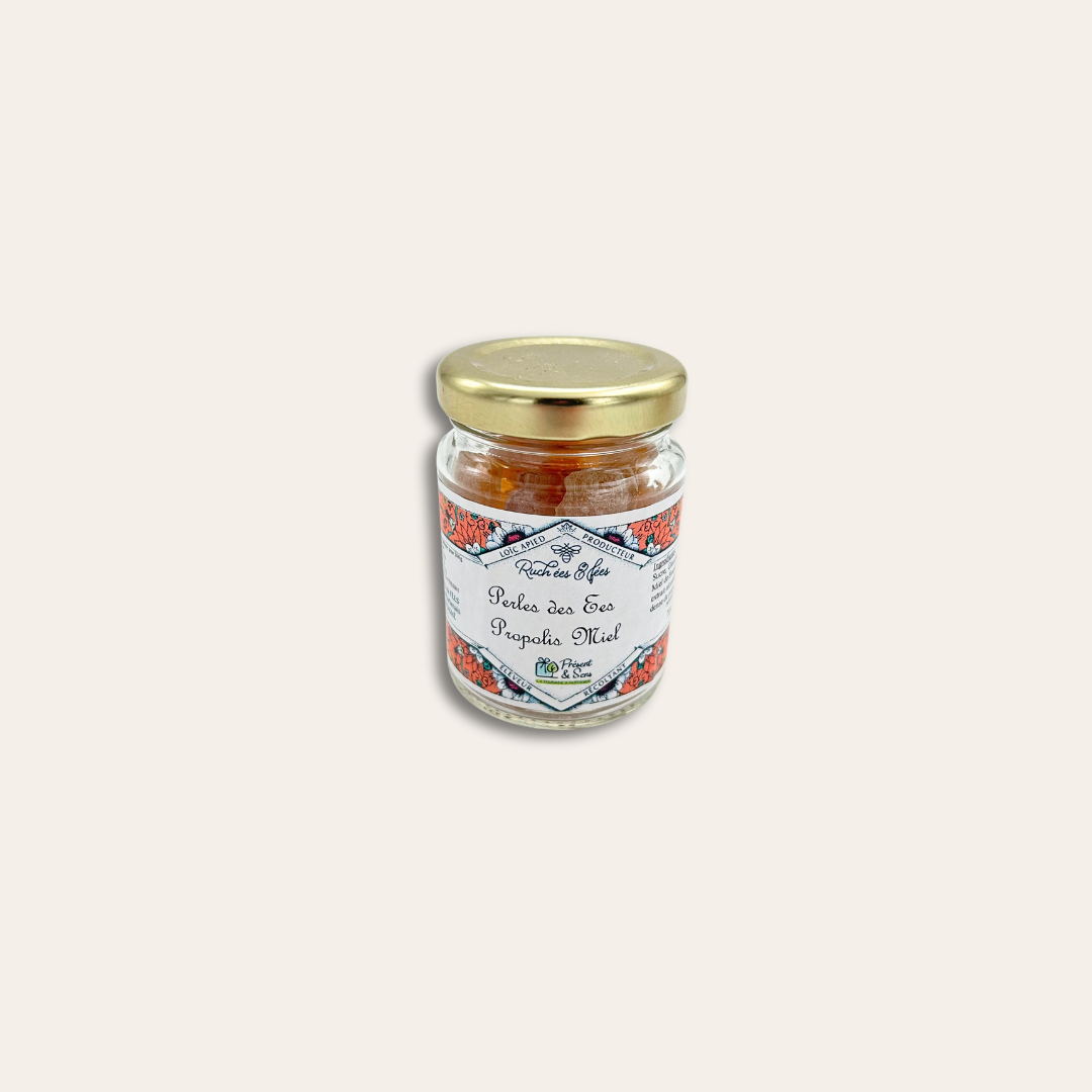 Pastilles miel personnalisé Présent et Sens Pot rempli de pastilles et étiquette collée.