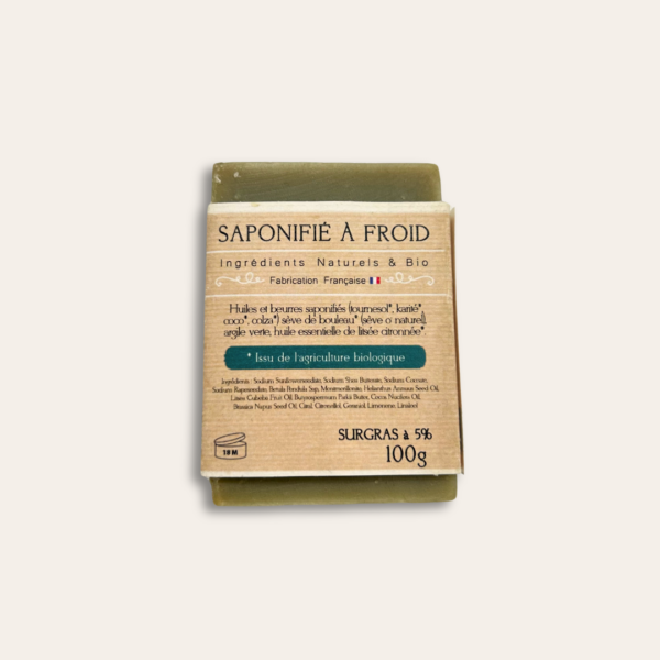 Dos d'un savon de 100g saponifié à froid avec ses instructions et ingrédients.