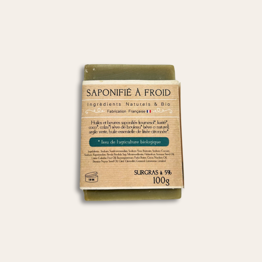 Savon Bio de 100g à personnaliser Dos d'un savon de 100g saponifié à froid avec ses instructions et ingrédients.