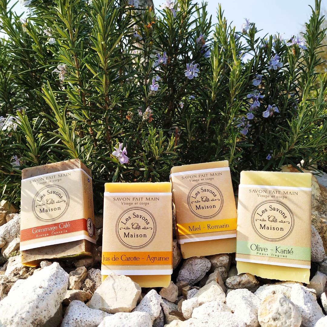 Savon Bio de 100g artisanal Quatre savons faits main posés sur des pierres et plantes en arrière plan.