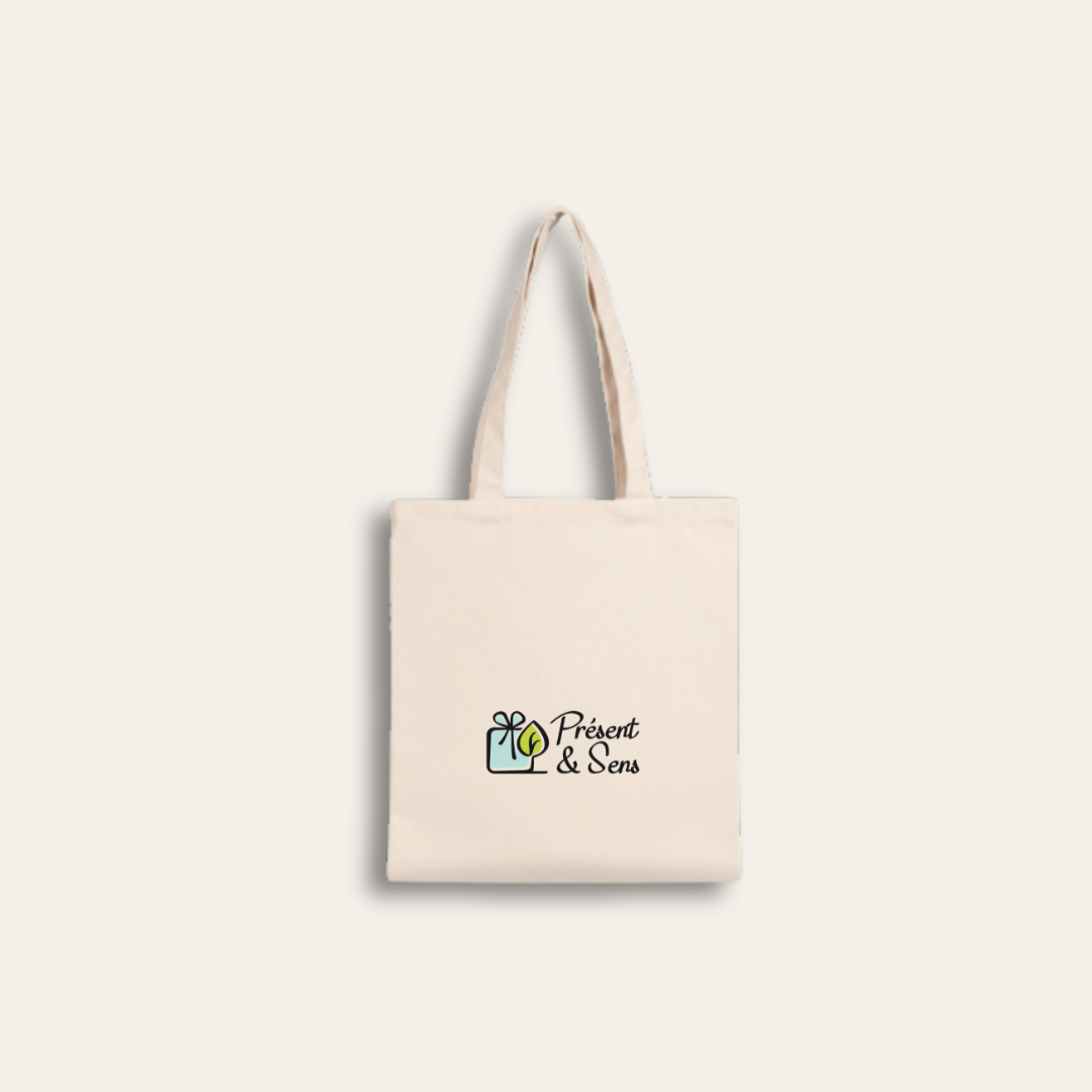 Tote bag logo Présent et Sens Tote bag beige et personnalisé.