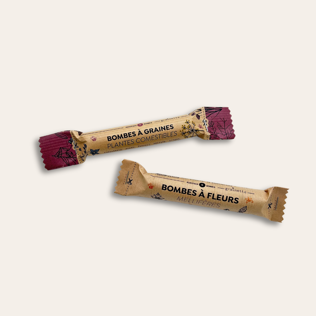 Tubes de bombes à graines Deux tubes kraft bombes à graines plantes comestibles et mellifères.