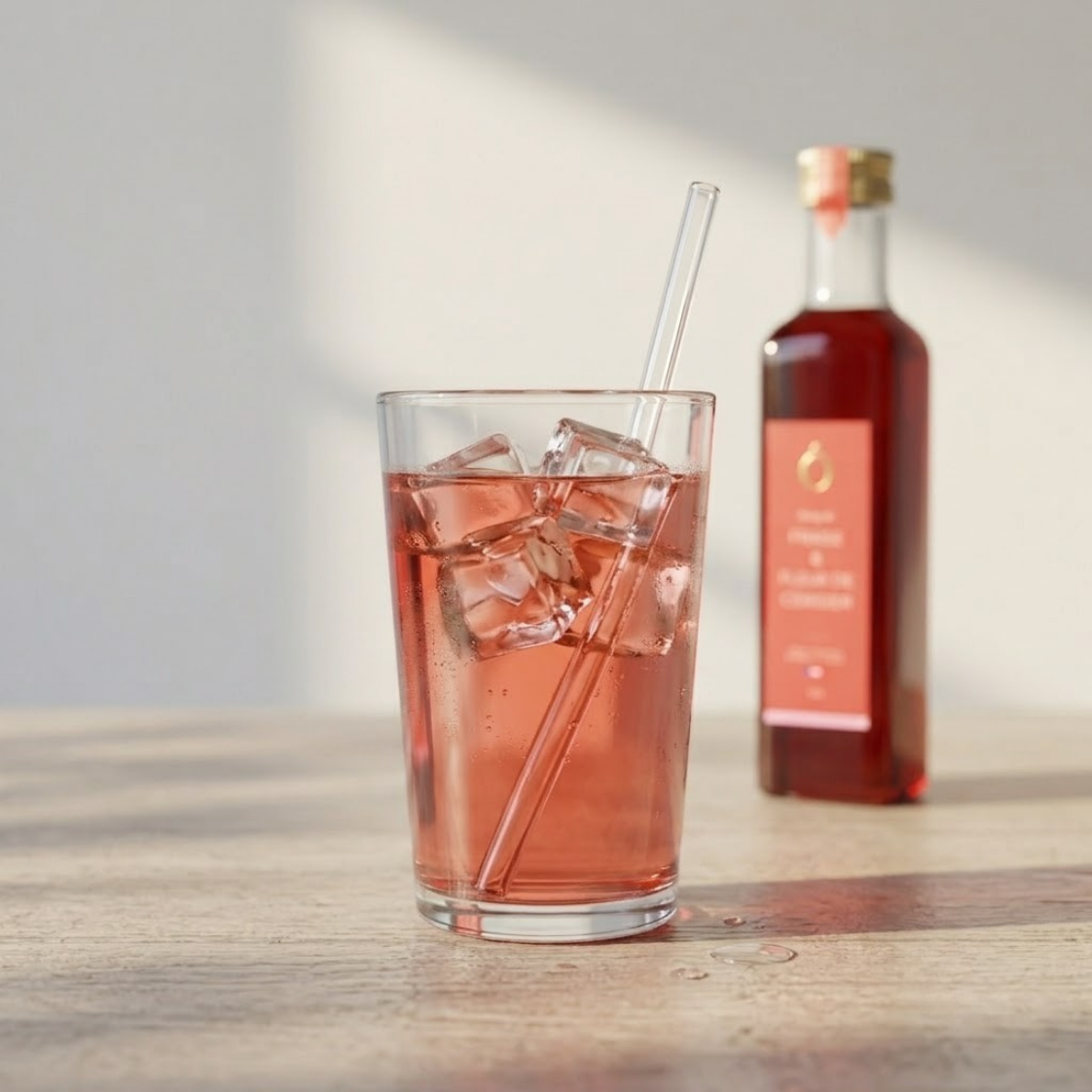 sirop mis en situation sirop à l'eau dans un verre transparent avec des glaçons et bouteille derrière