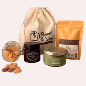 coffret pastilles miel, confiture, tartinade pois chiches, sel fumé coffret pastilles miel, confiture, pot tartinade pois chiches, sel fumé