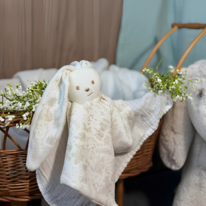 Nos coffrets - site (2) Doudou lapin Célestin beige made in France, toile de Jouy exclusive, fabriqué à Châteauroux