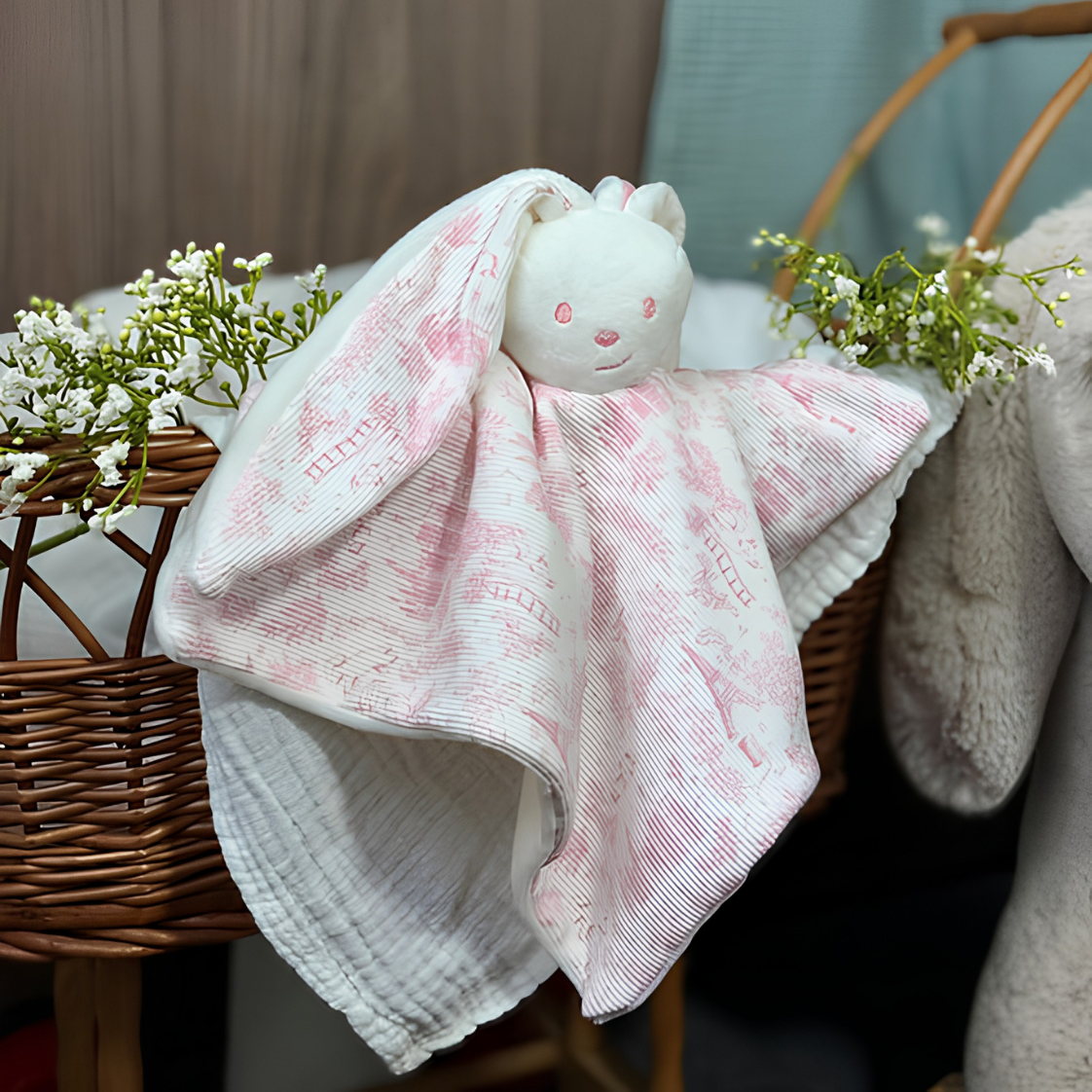 Nos coffrets - site (3) Doudou lapin Célestin rose made in France, toile de Jouy exclusive, fabriqué à Châteauroux