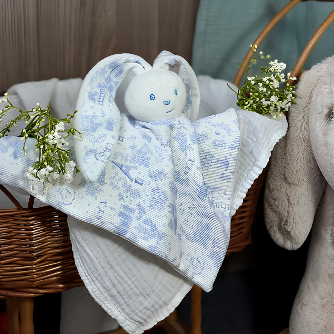 Nos coffrets - site (4) Doudou lapin Célestin bleu made in France, toile de Jouy exclusive, fabriqué à Châteauroux